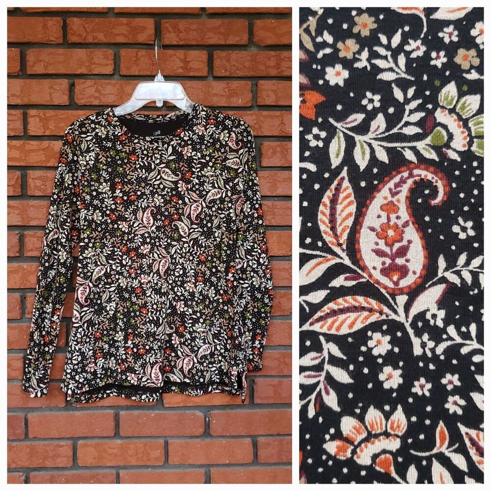 J Jill 100% Pima Cotton Long Sleeve Tee Size S Floral Paisley High Low Crew Neck